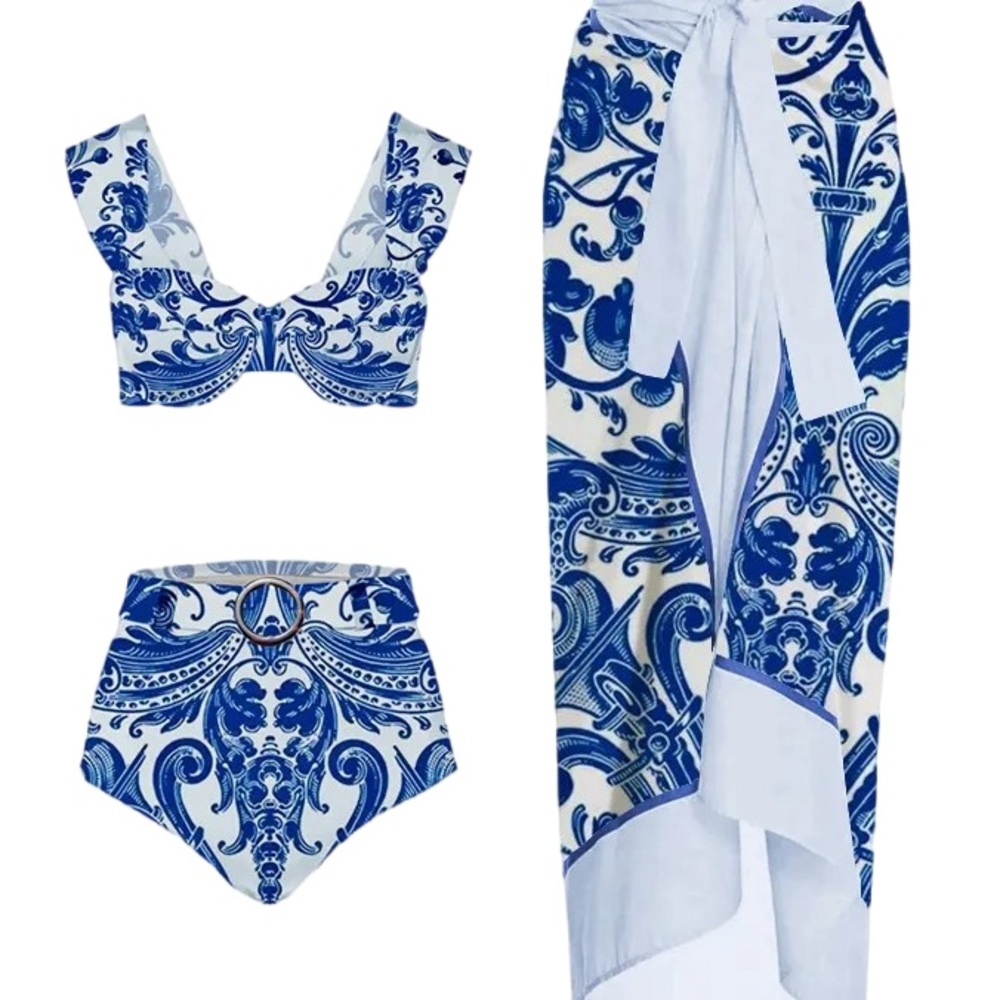 Elegant Blue and White Bikini Set with Sarong